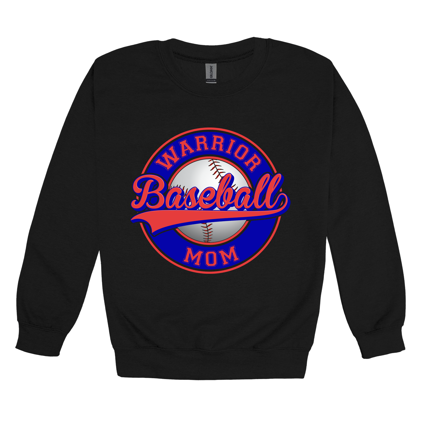 Warrior Baseball Mom design on Black adult Crewneck, front view.