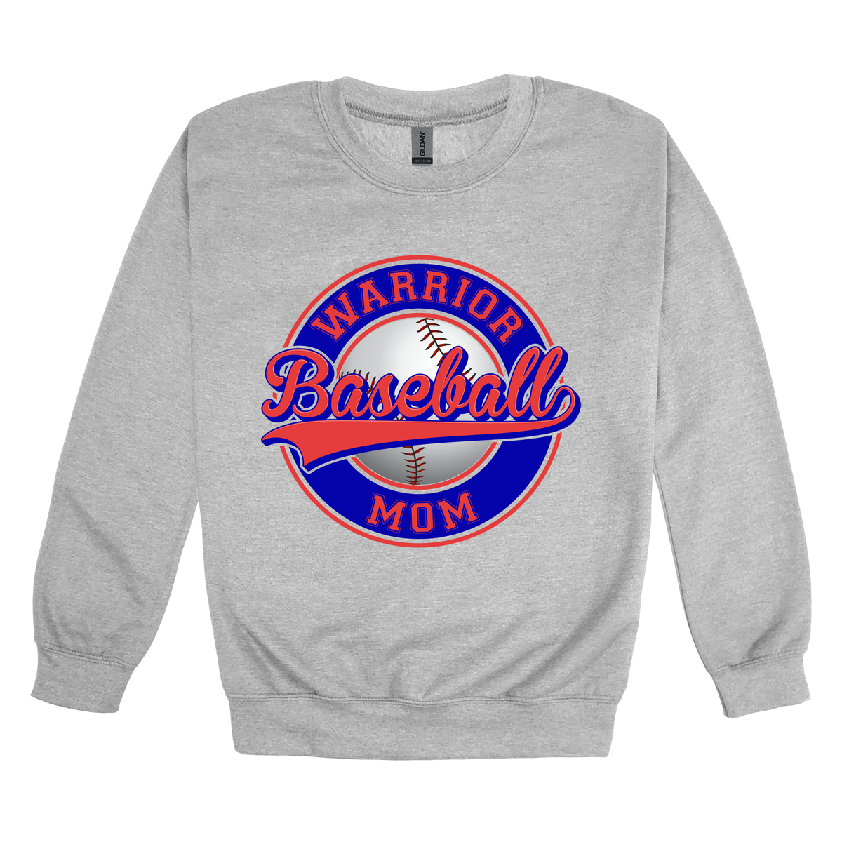 Warrior Baseball Mom design on Sport Gray adult Crewneck, front view.