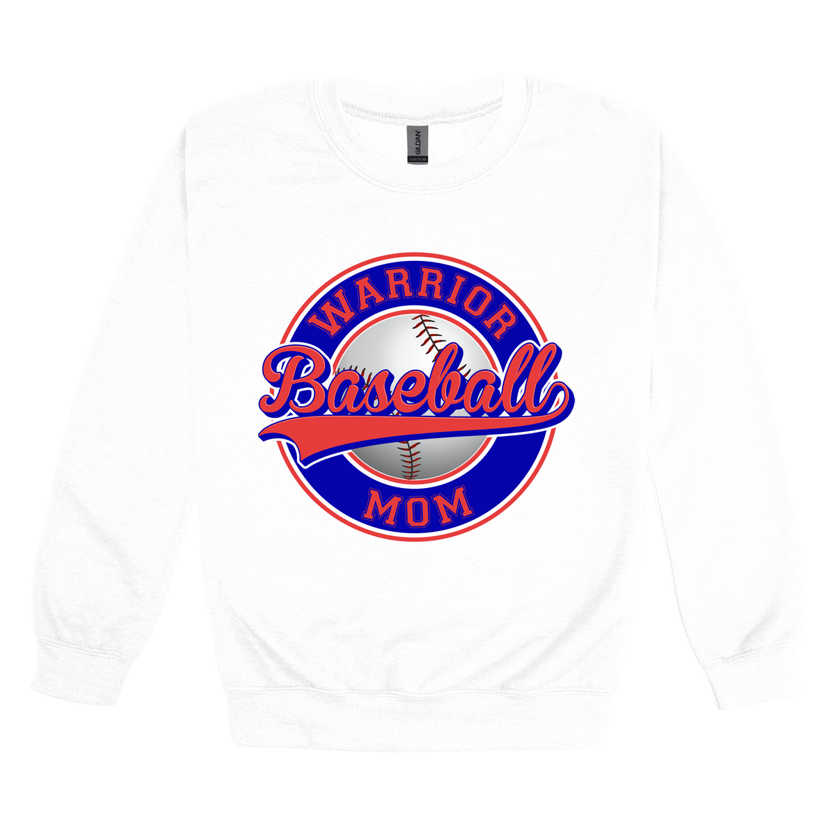 Warrior Baseball Mom design on White adult Crewneck, front view.