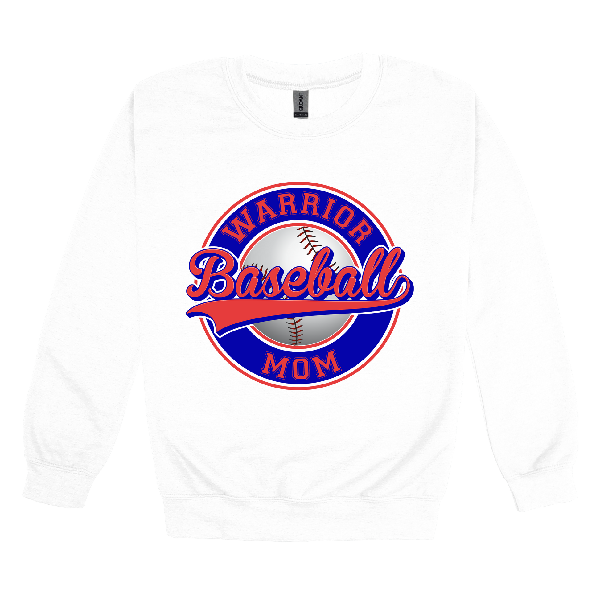 Warrior Baseball Mom design on White adult Crewneck, front view.