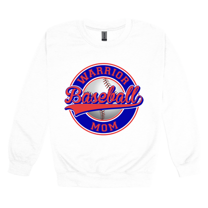 Warrior Baseball Mom design on White adult Crewneck, front view.