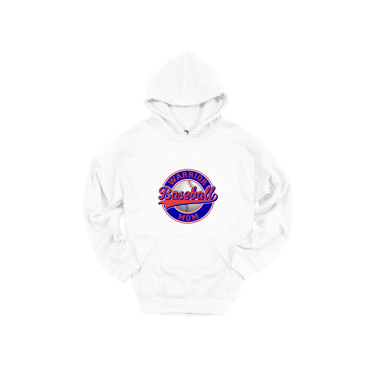 Warrior Baseball Mom design on White adult Hoodie, front view.
