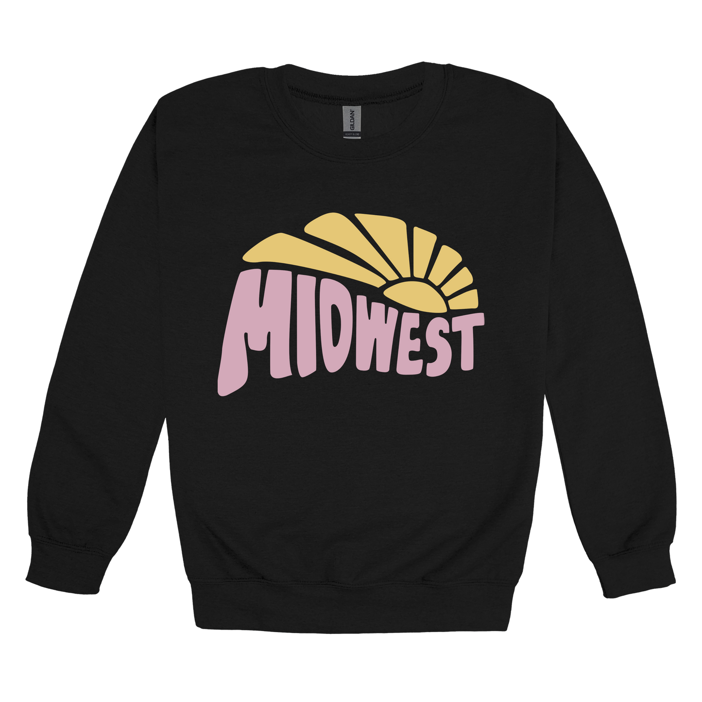Midwest design on Black adult Crewneck, front view.