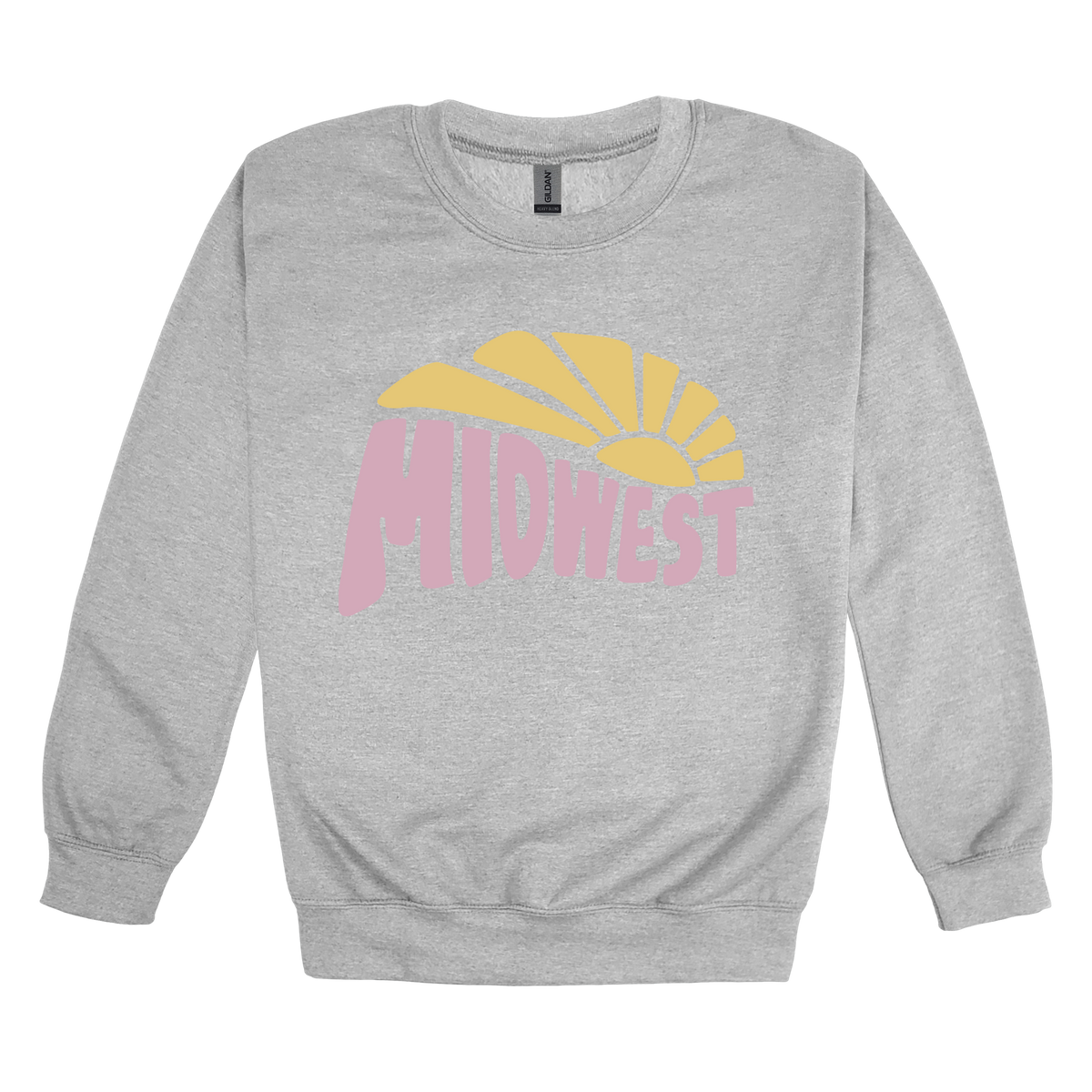 Midwest design on Sport Gray adult Crewneck, front view.