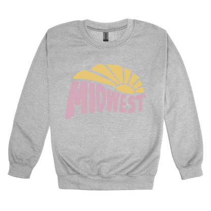Midwest design on Sport Gray adult Crewneck, front view.