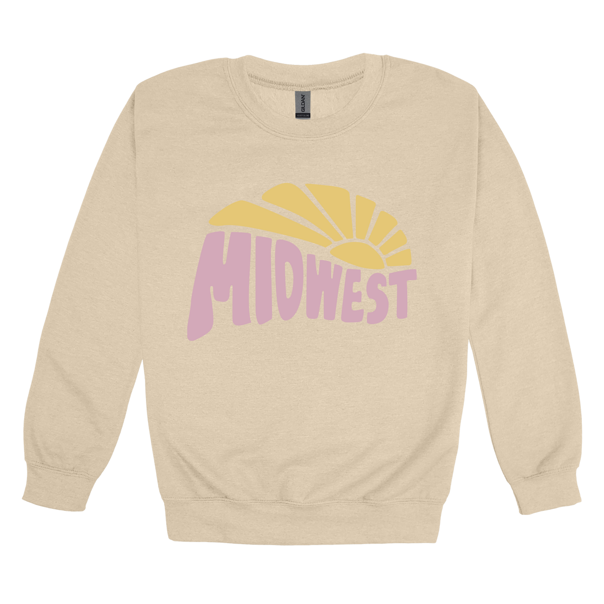 Midwest design on Sand adult Crewneck, front view.