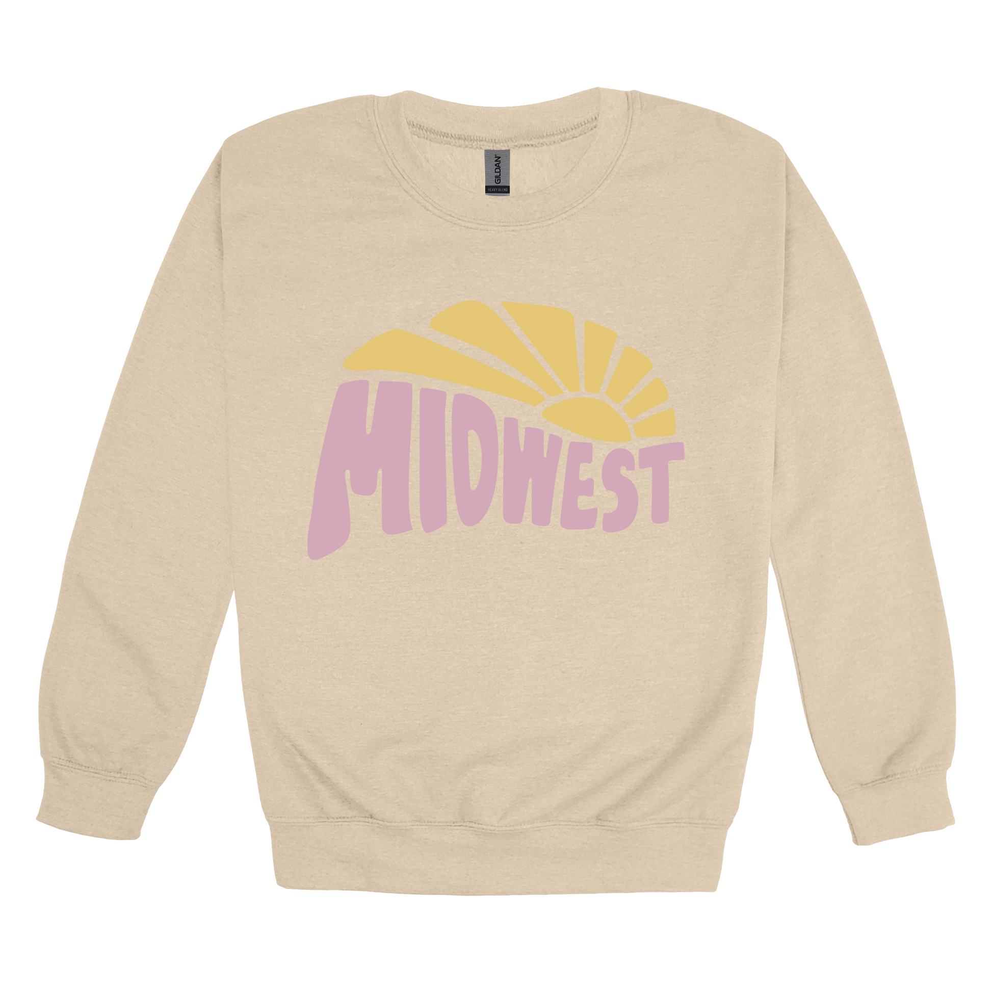 Midwest design on Sand adult Crewneck, front view.