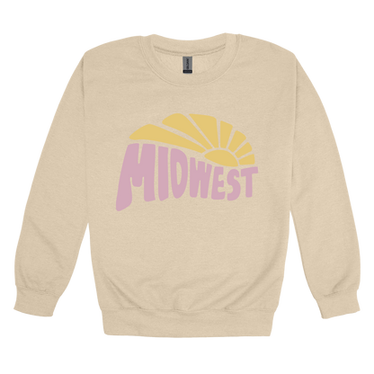 Midwest design on Sand adult Crewneck, front view.