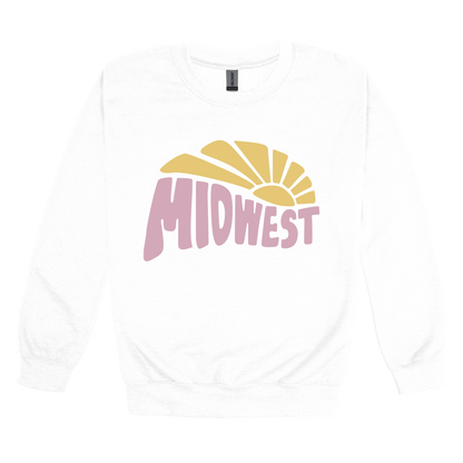 Midwest design on White adult Crewneck, front view.
