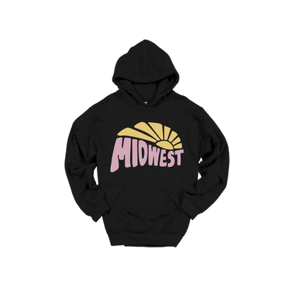 Midwest design on Black adult Hoodie, front view.