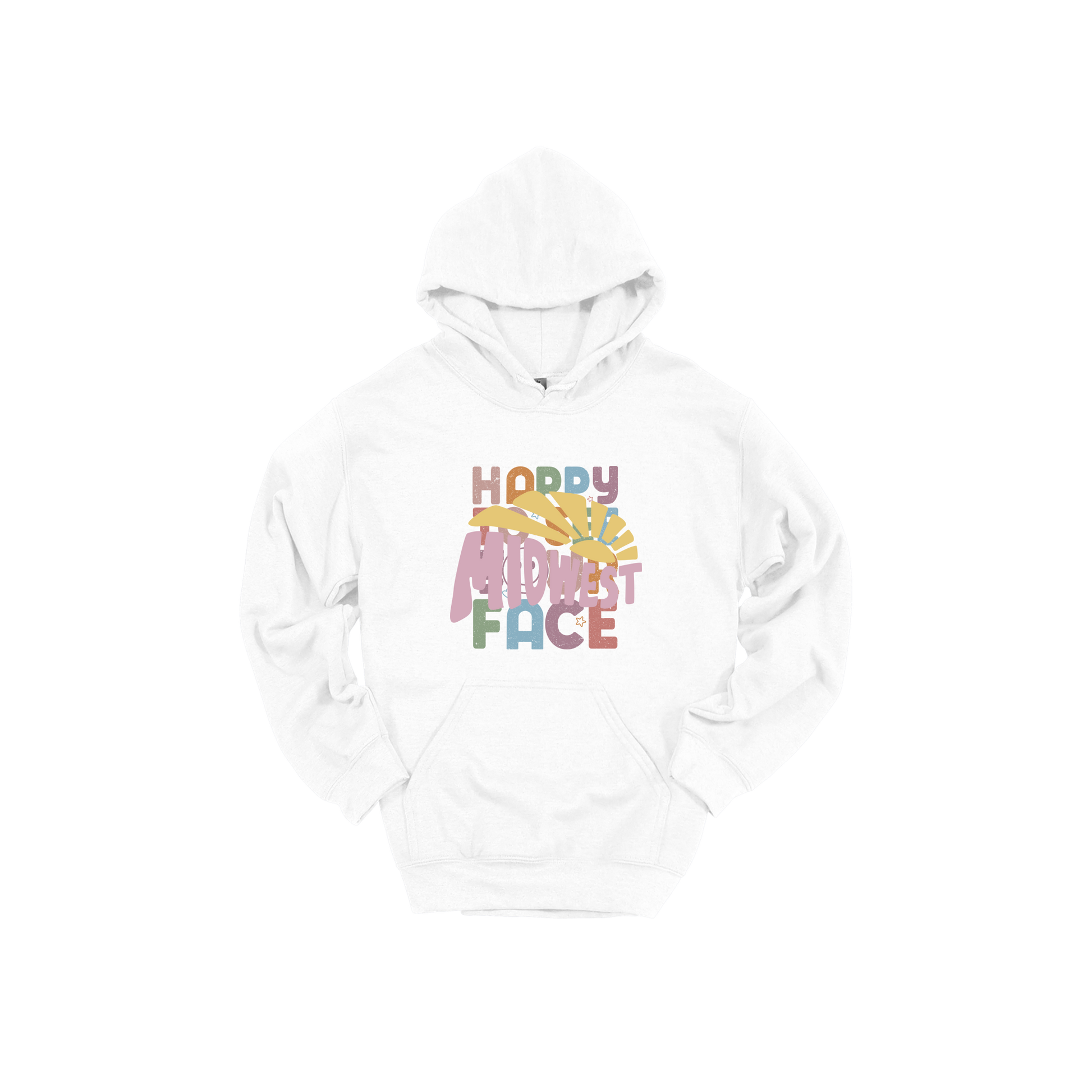 Midwest design on White adult Hoodie, front view.