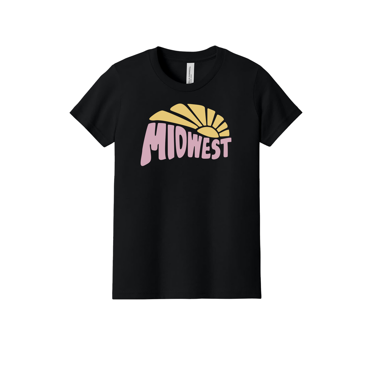 Midwest design on Black youth T-Shirt, front view.