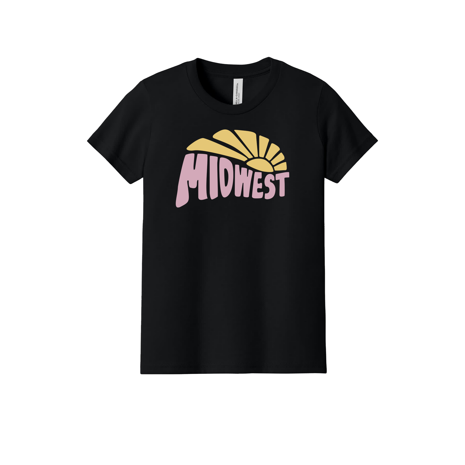 Midwest design on Black youth T-Shirt, front view.