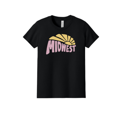 Midwest design on Black youth T-Shirt, front view.