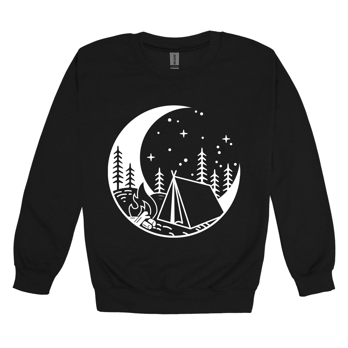 Camping design on Black adult Crewneck, front view.