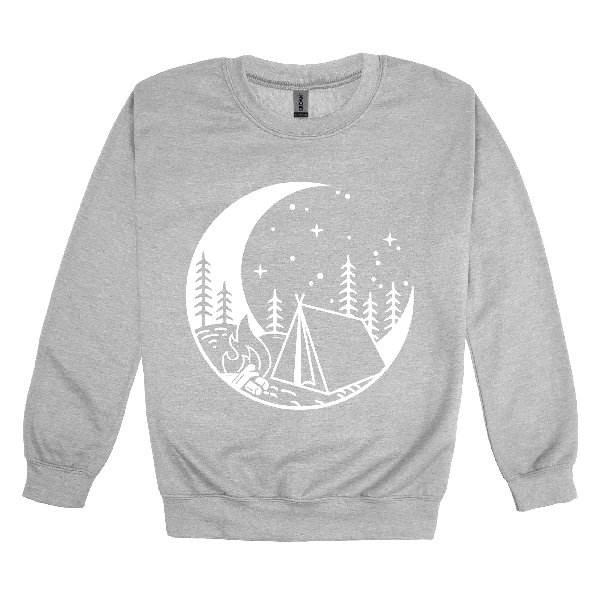 Camping design on Sport Gray adult Crewneck, front view.