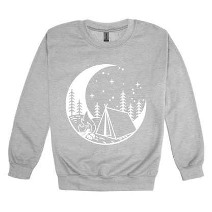 Camping design on Sport Gray adult Crewneck, front view.