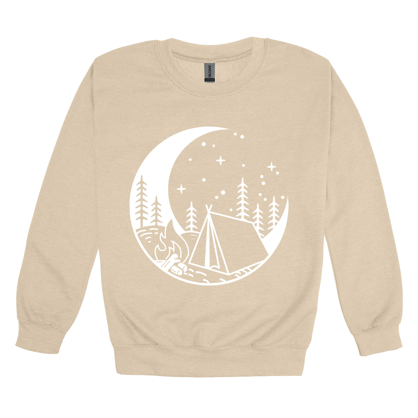 Camping design on Sand adult Crewneck, front view.