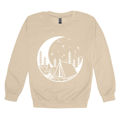 Camping design on Sand adult Crewneck, front view.