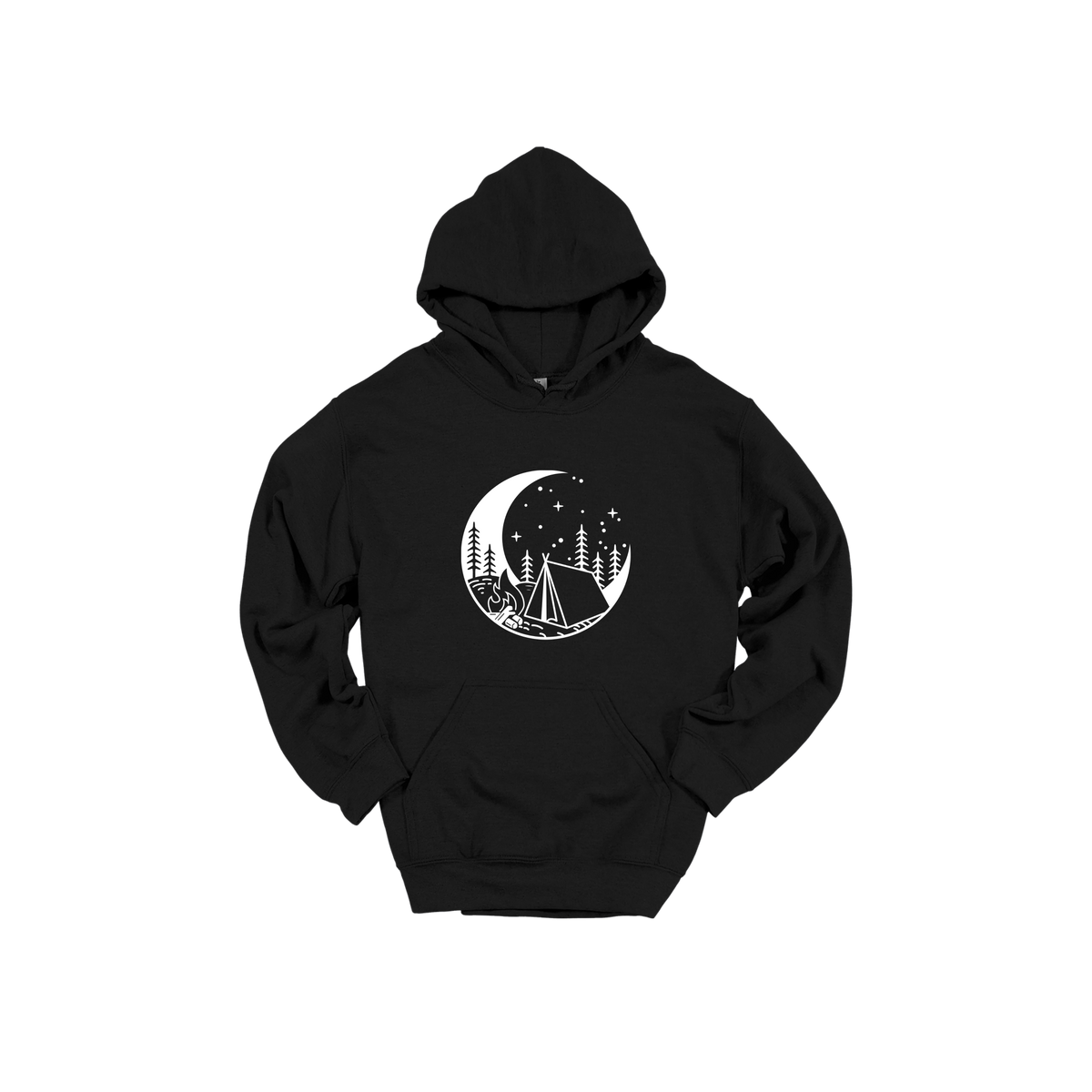 Camping design on Black adult Hoodie, front view.