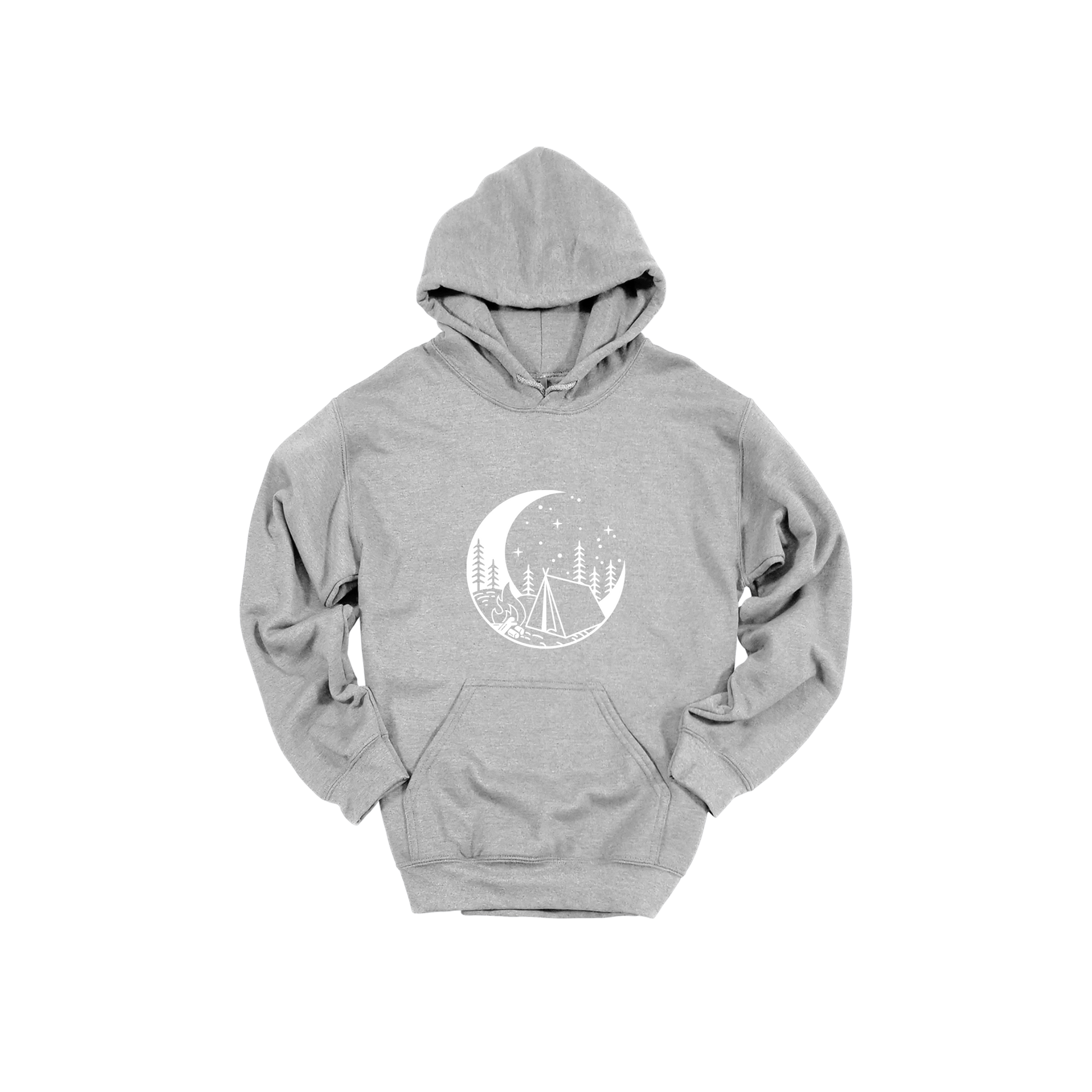Camping design on Sport Gray adult Hoodie, front view.