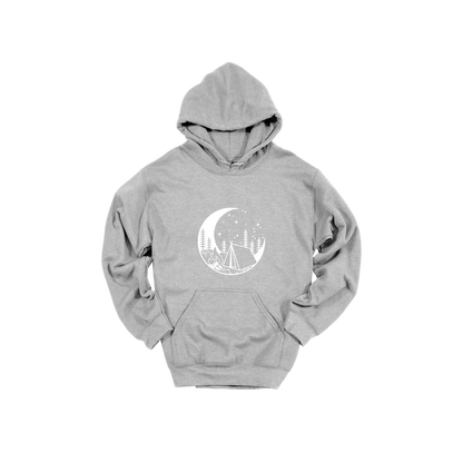 Camping design on Sport Gray adult Hoodie, front view.