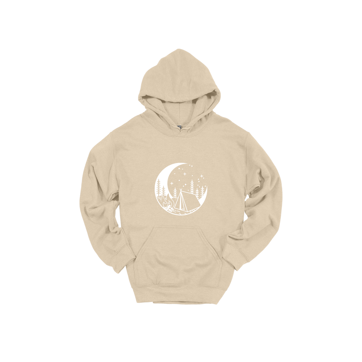 Camping design on Sand adult Hoodie, front view.