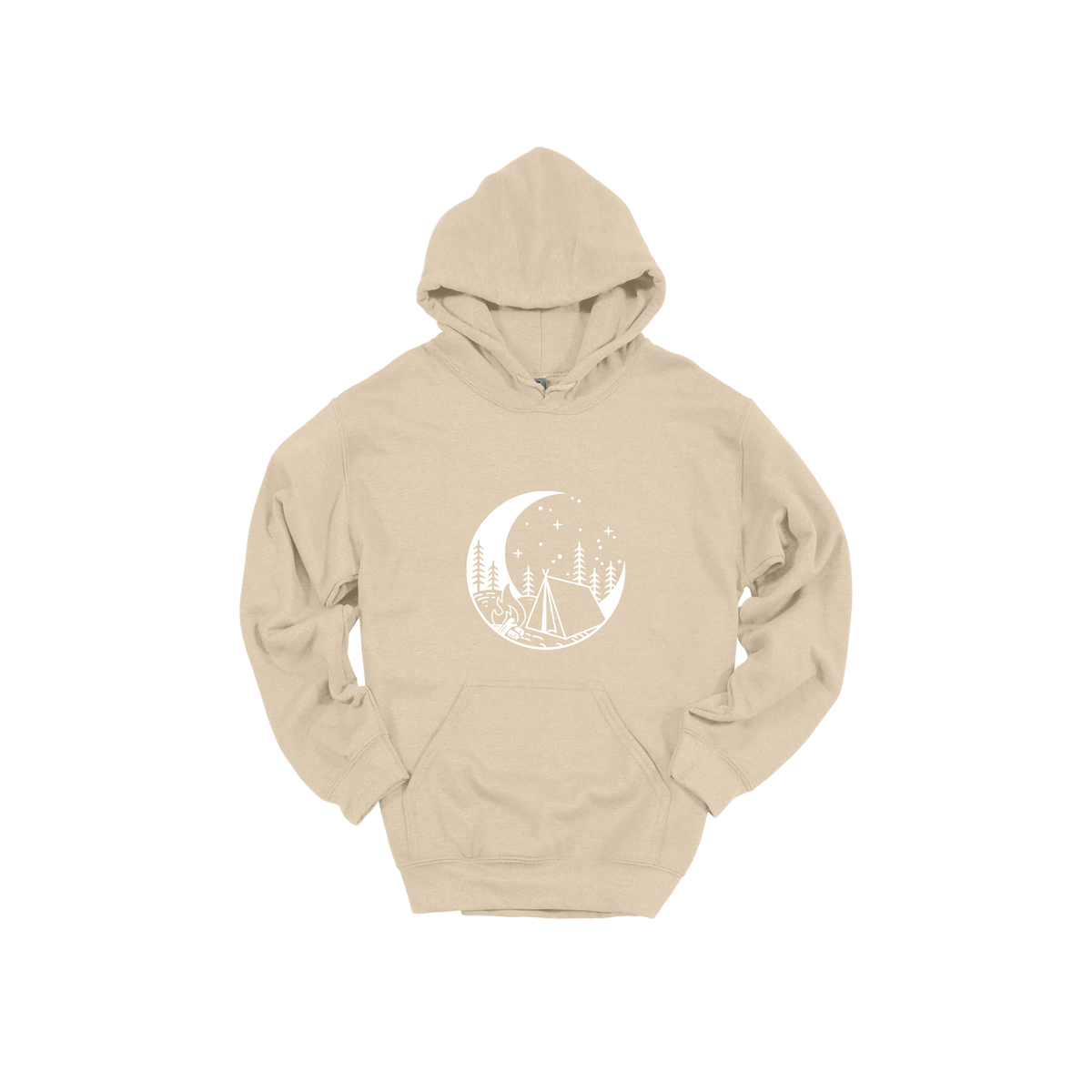 Camping design on Sand adult Hoodie, front view.