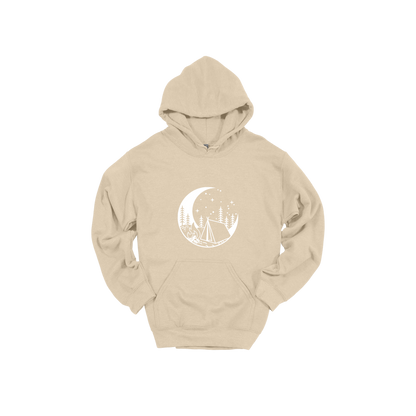 Camping design on Sand adult Hoodie, front view.