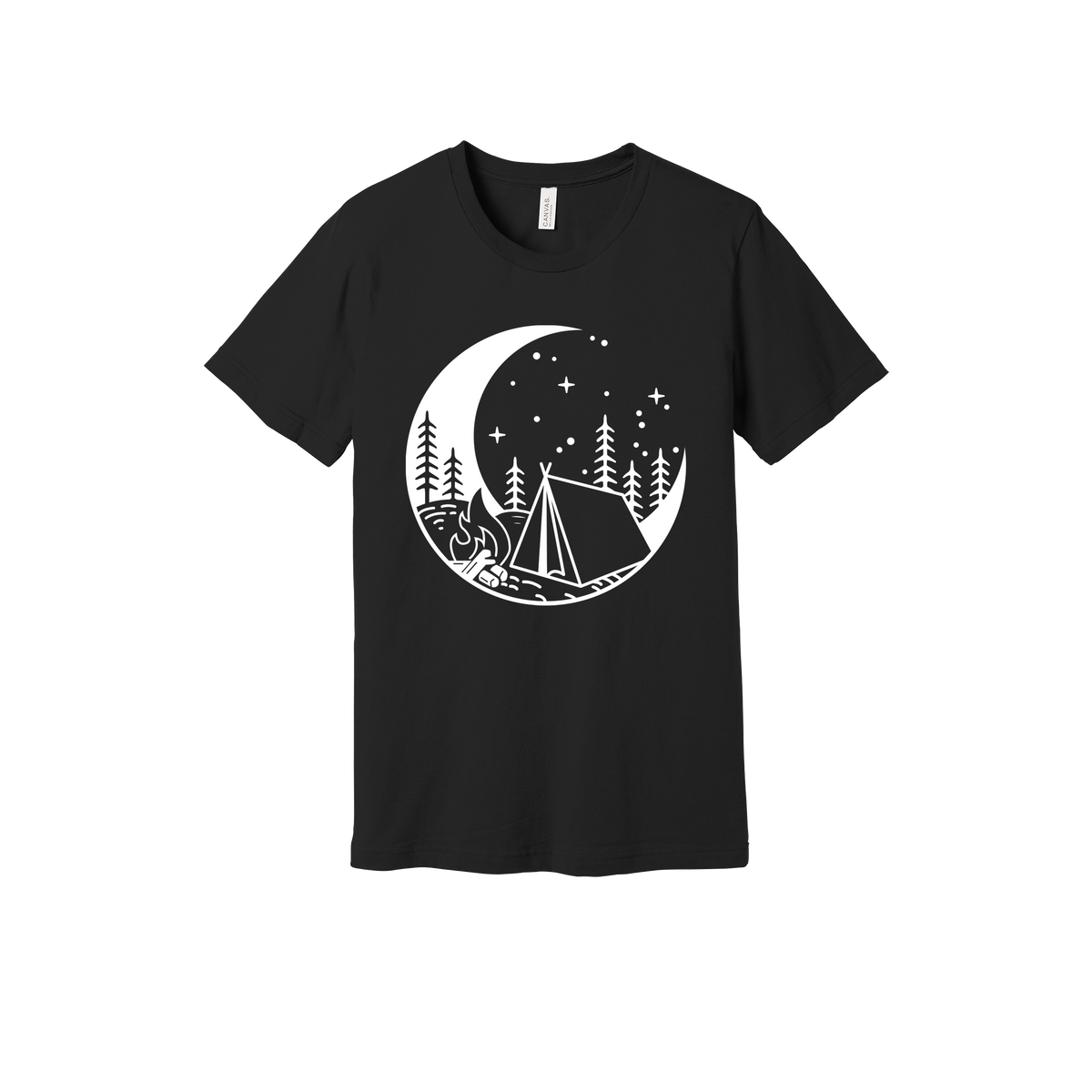 Camping design on Black adult T-Shirt, front view.