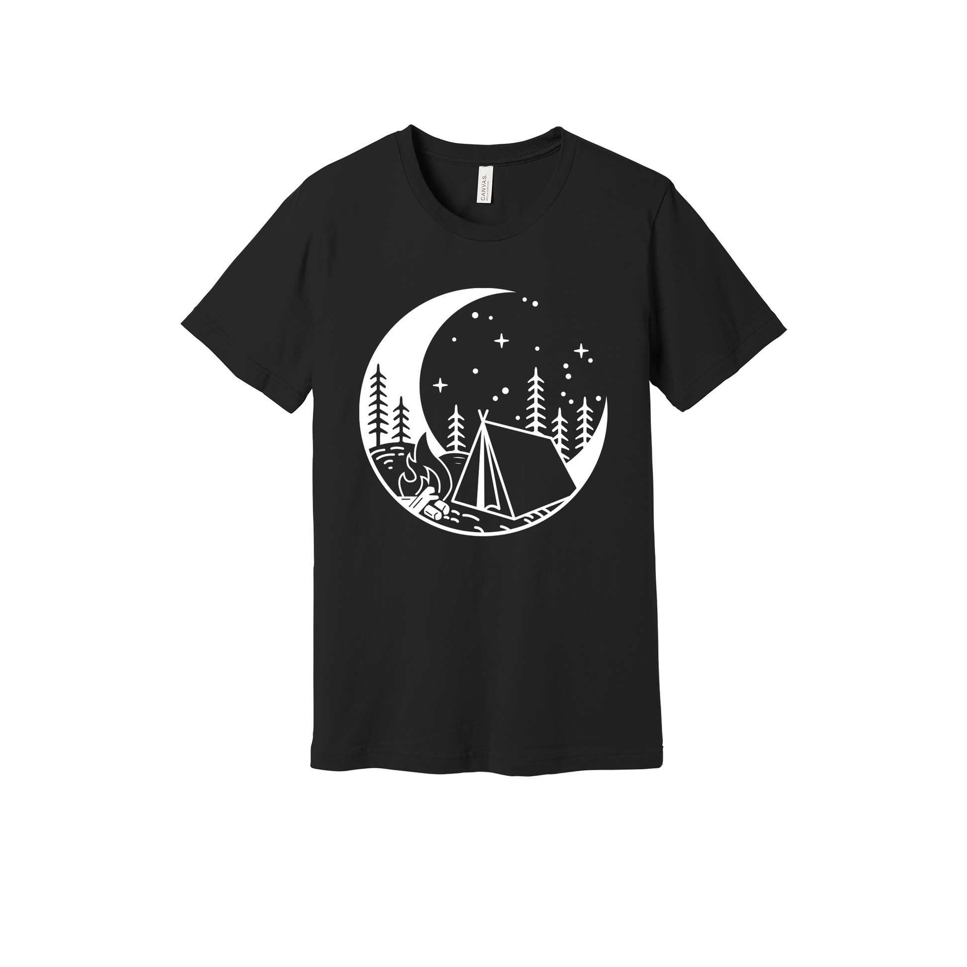Camping design on Black adult T-Shirt, front view.