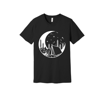 Camping design on Black adult T-Shirt, front view.