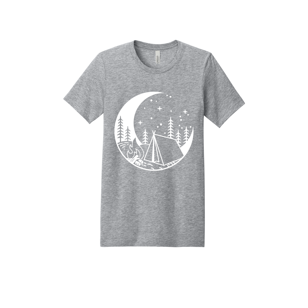 Camping design on Heather Athletic Gray adult T-Shirt, front view.