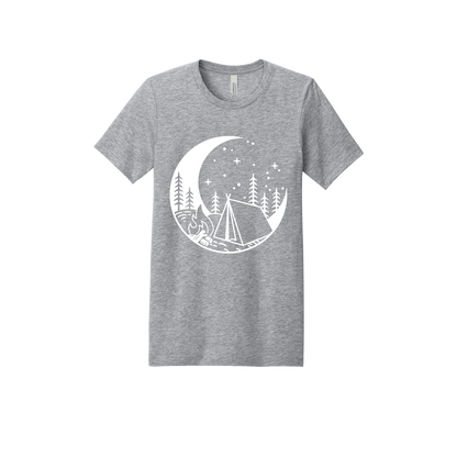 Camping design on Heather Athletic Gray adult T-Shirt, front view.
