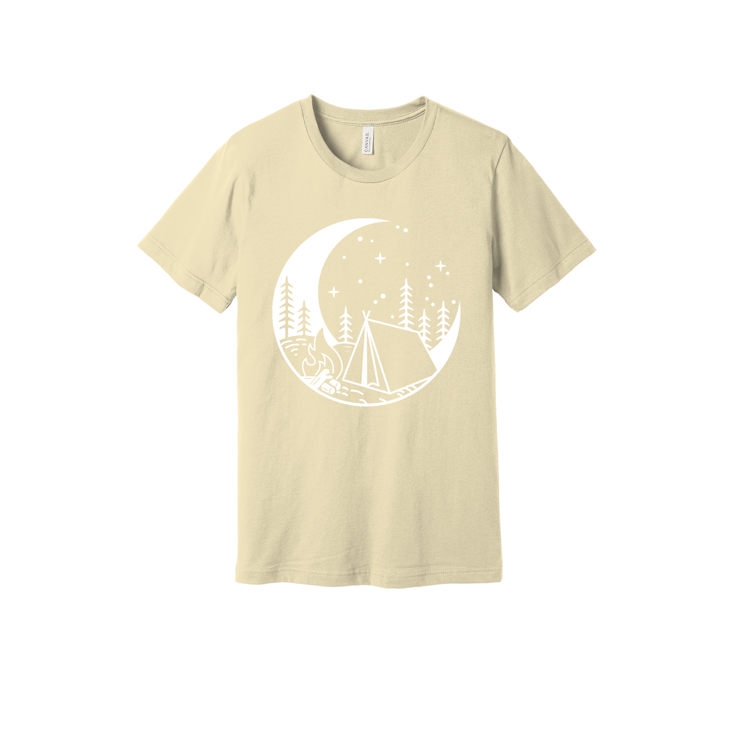Camping design on Natural adult T-Shirt, front view.