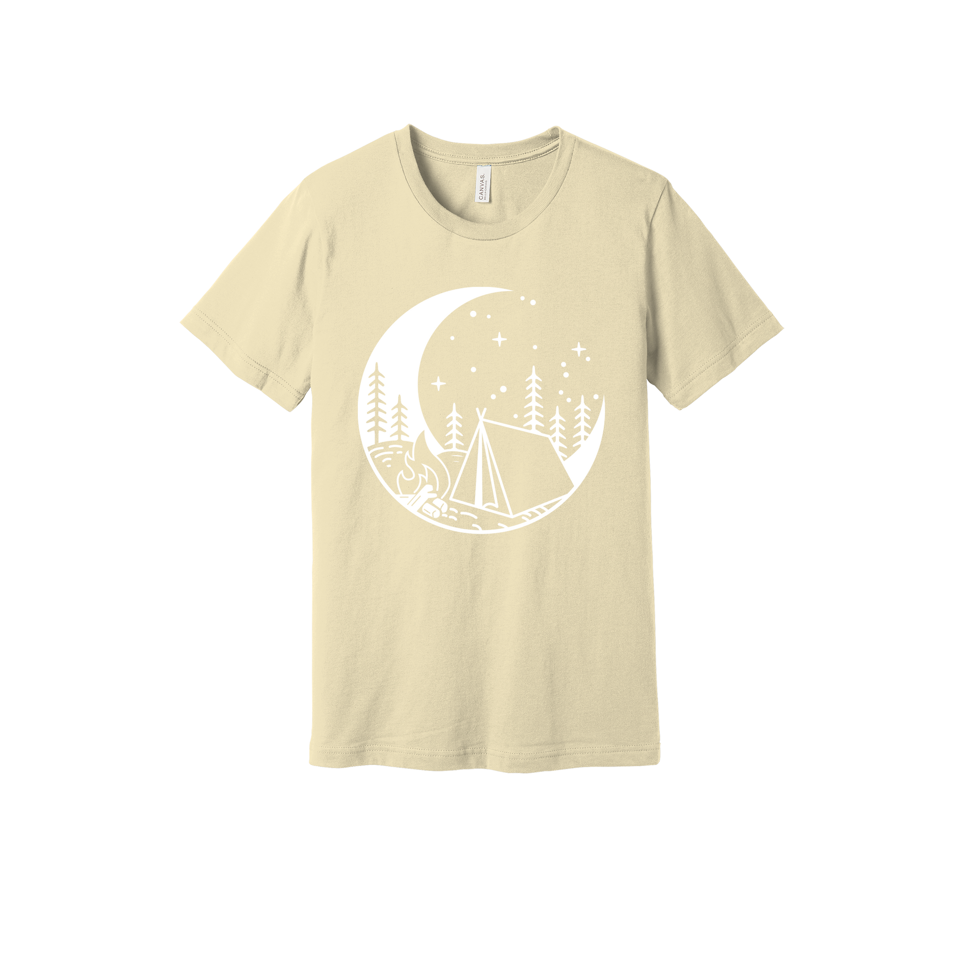 Camping design on Natural adult T-Shirt, front view.