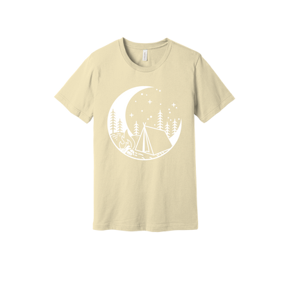 Camping design on Natural adult T-Shirt, front view.