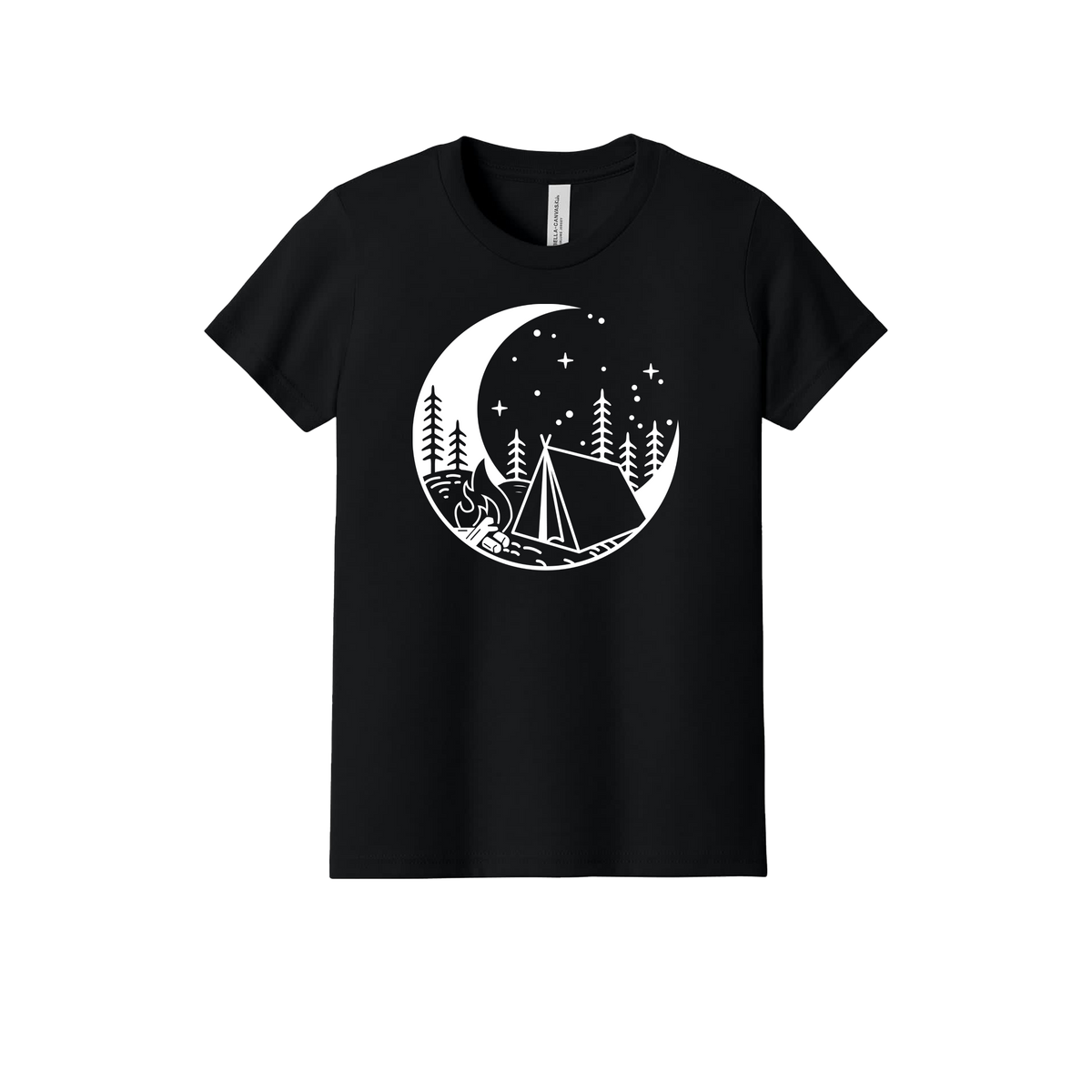 Camping design on Black youth T-Shirt, front view.