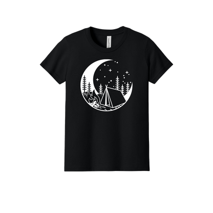 Camping design on Black youth T-Shirt, front view.