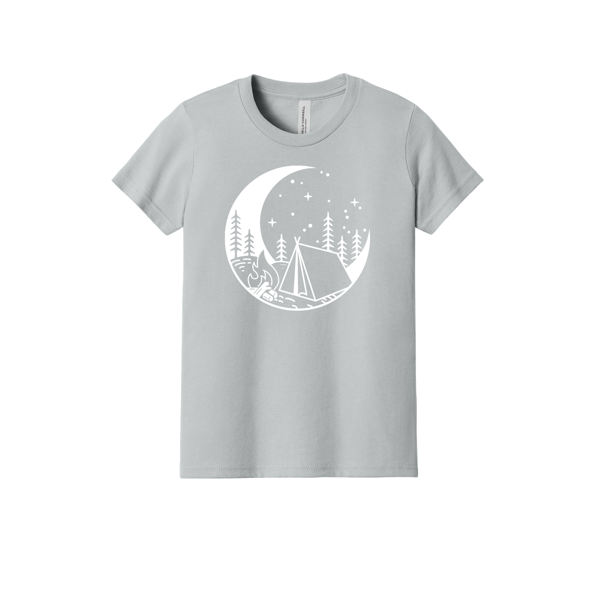 Camping design on Heather Athletic Gray youth T-Shirt, front view.