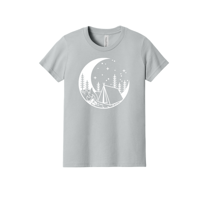 Camping design on Heather Athletic Gray youth T-Shirt, front view.
