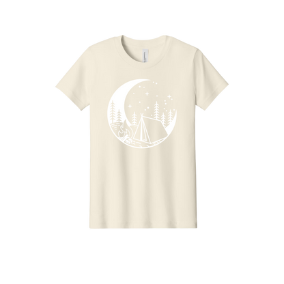 Camping design on Natural youth T-Shirt, front view.