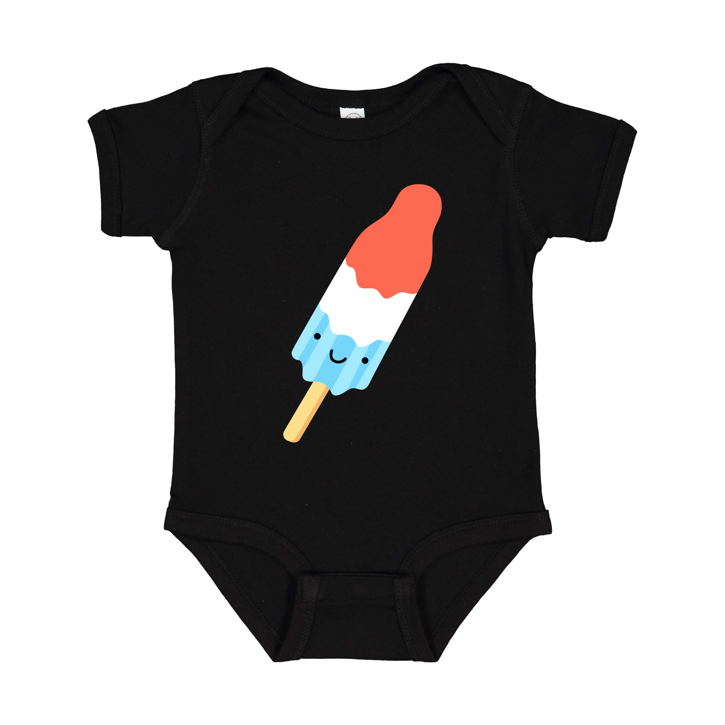Popsicle design on Black infant Onesie, front view.