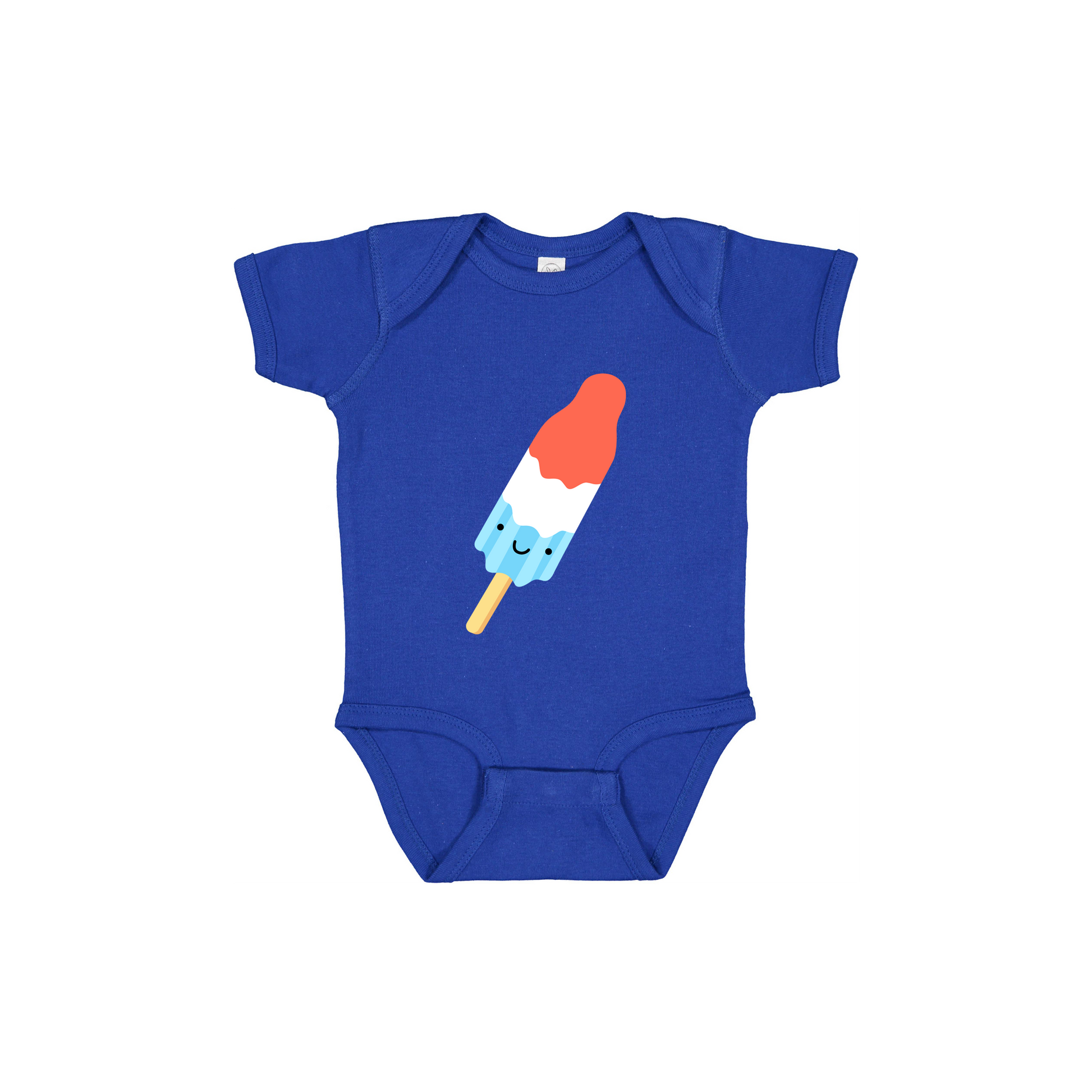 Popsicle design on Royal Blue infant onesie, front view.