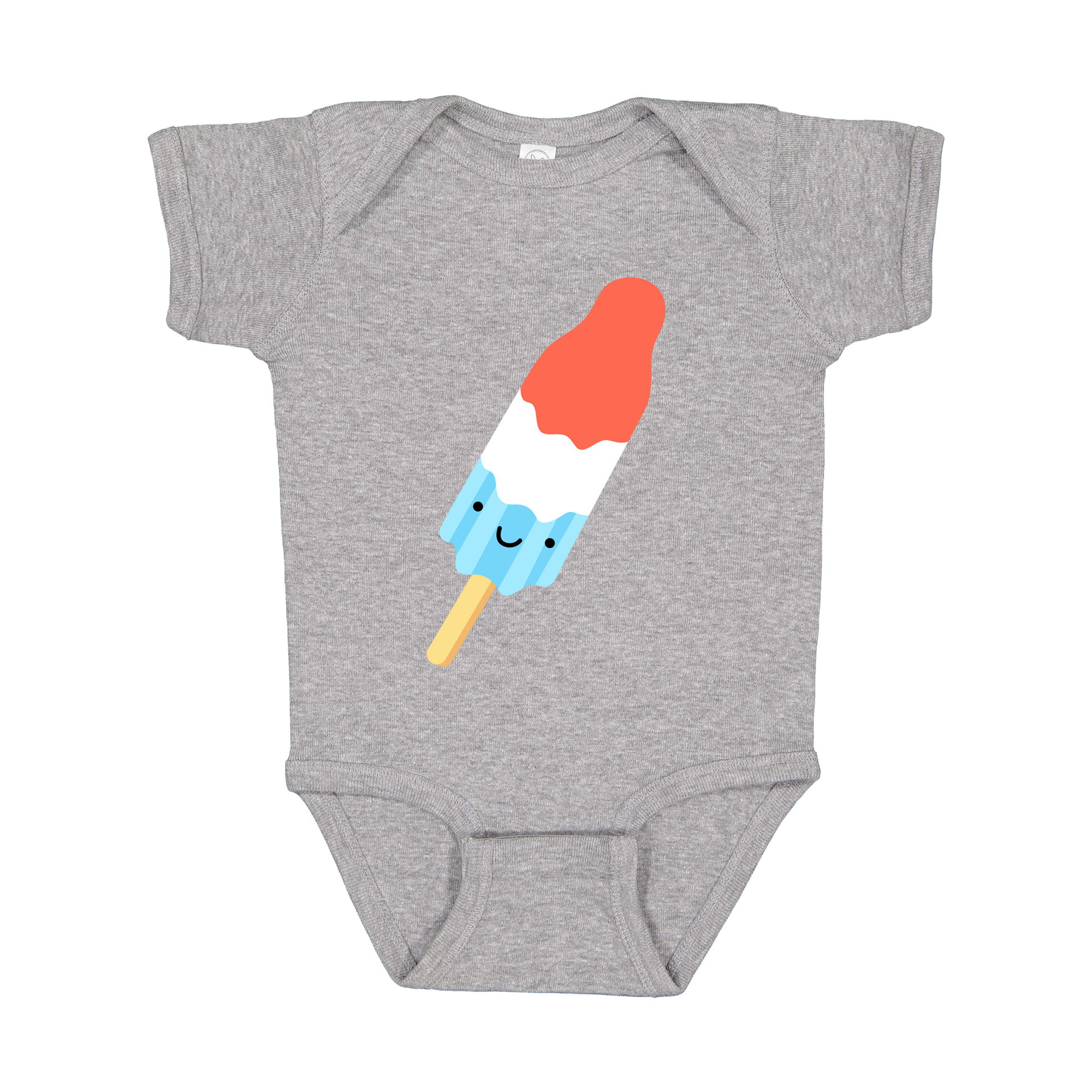 Popsicle design on Heather Athletic Gray infant Onesie, front view.