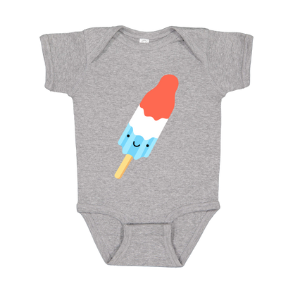 Popsicle design on Heather Athletic Gray infant Onesie, front view.
