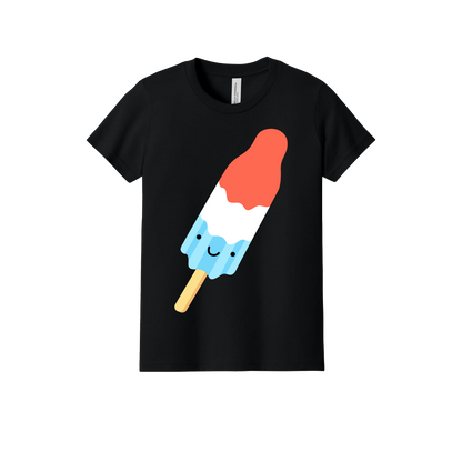 Popsicle design on Black youth T-Shirt, front view.