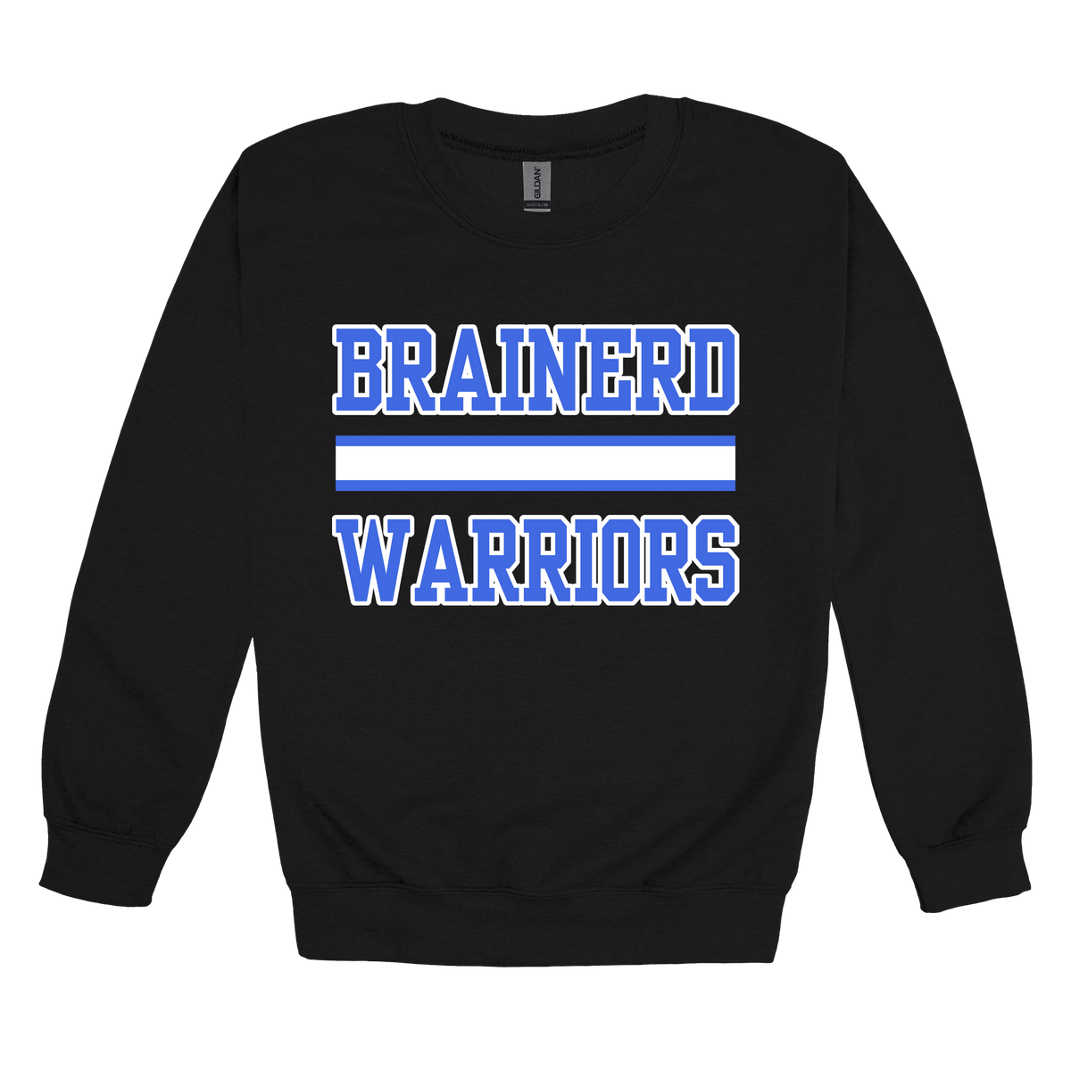 Brainerd Warriors design on Black adult Crewneck, front view.