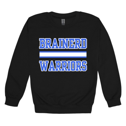 Brainerd Warriors design on Black adult Crewneck, front view.