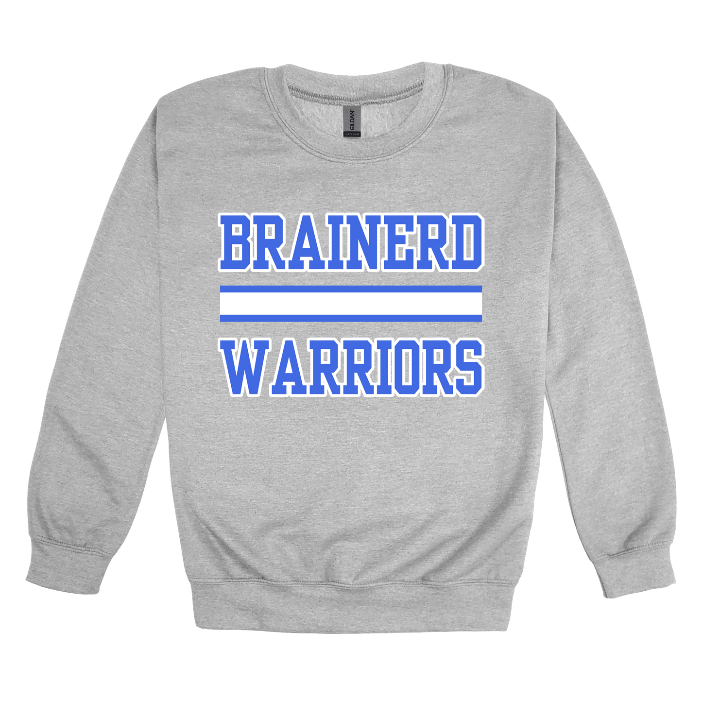 Brainerd Warriors design on Sport Gray adult Crewneck, front view.